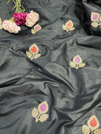 Black Banarasi Pure Katan Silk Meenakari Fabric ( 1 Mtr ) - Luxurion World