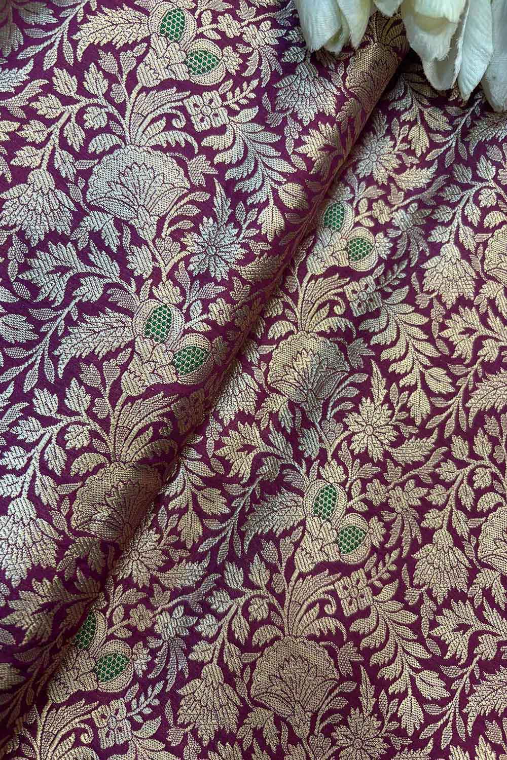Luxurious Purple Handloom Banarasi Pure Katan Silk Brocade Meenakari Double Zari Fabric ( 1 Mtr ) - Luxurion World