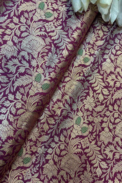 Luxurious Purple Handloom Banarasi Pure Katan Silk Brocade Meenakari Double Zari Fabric ( 1 Mtr ) - Luxurion World