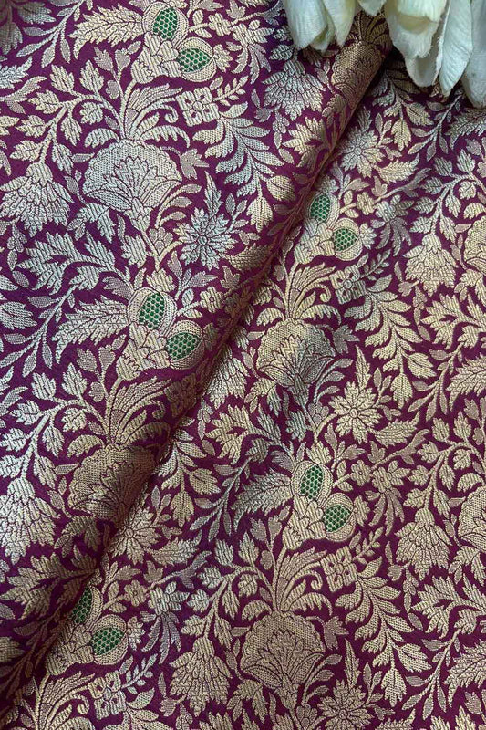Luxurious Purple Handloom Banarasi Pure Katan Silk Brocade Meenakari Double Zari Fabric ( 1 Mtr ) - Luxurion World