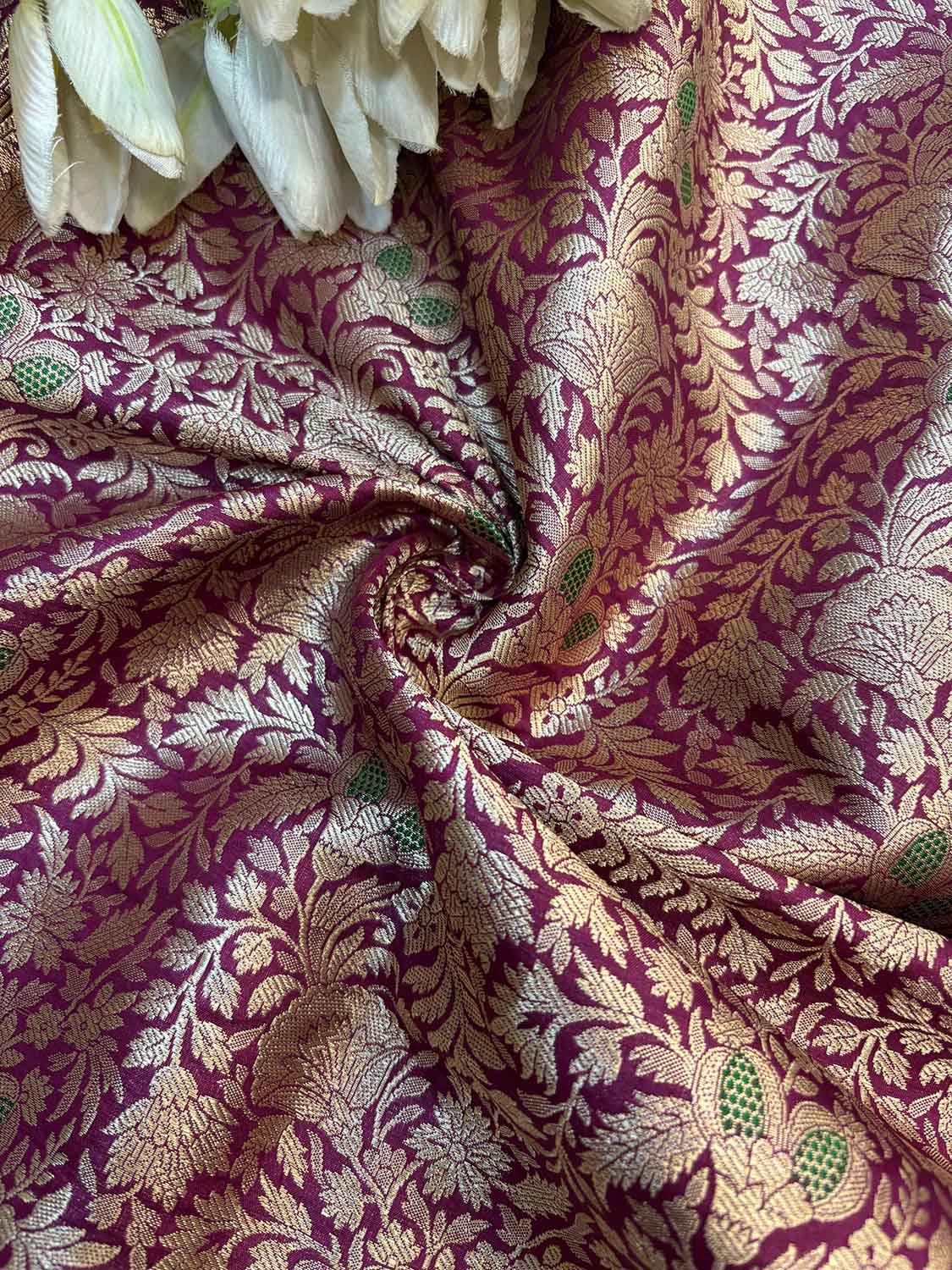 Luxurious Purple Handloom Banarasi Pure Katan Silk Brocade Meenakari Double Zari Fabric ( 1 Mtr ) - Luxurion World