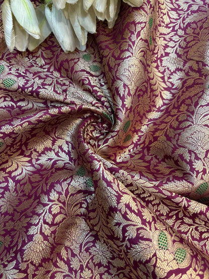 Luxurious Purple Handloom Banarasi Pure Katan Silk Brocade Meenakari Double Zari Fabric ( 1 Mtr ) - Luxurion World