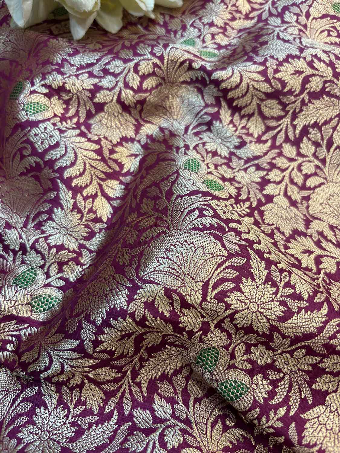 Luxurious Purple Handloom Banarasi Pure Katan Silk Brocade Meenakari Double Zari Fabric ( 1 Mtr ) - Luxurion World