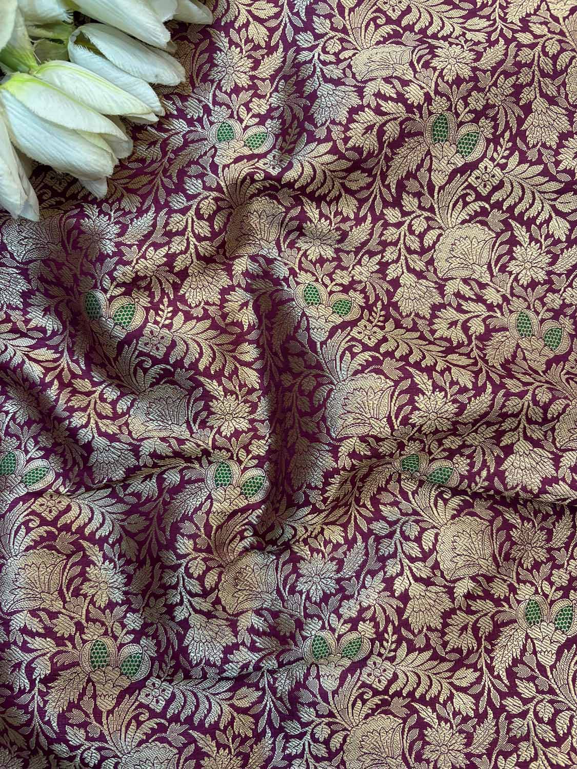 Luxurious Purple Handloom Banarasi Pure Katan Silk Brocade Meenakari Double Zari Fabric ( 1 Mtr ) - Luxurion World