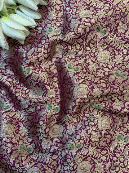 Luxurious Purple Handloom Banarasi Pure Katan Silk Brocade Meenakari Double Zari Fabric ( 1 Mtr ) - Luxurion World