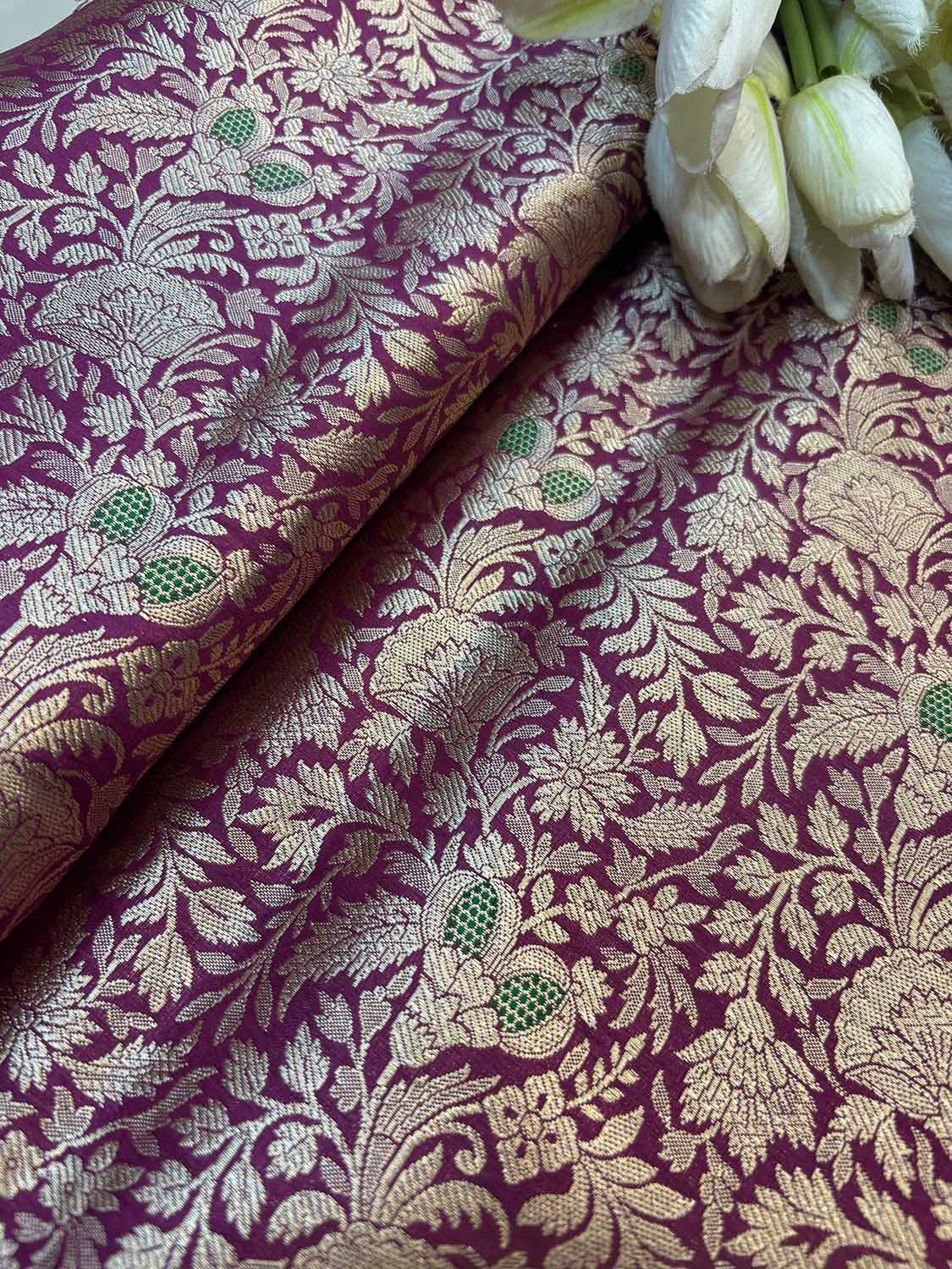 Luxurious Purple Handloom Banarasi Pure Katan Silk Brocade Meenakari Double Zari Fabric ( 1 Mtr ) - Luxurion World