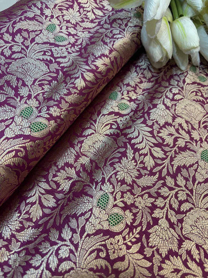 Luxurious Purple Handloom Banarasi Pure Katan Silk Brocade Meenakari Double Zari Fabric ( 1 Mtr ) - Luxurion World
