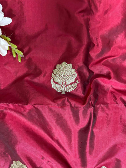 Elegant Maroon Banarasi Pure Katan Silk Fabric ( 1 Mtr) - Luxurion World