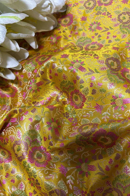 Yellow Banarasi Silk Tanchui Fabric ( 1 Mtr ) - Luxurion World
