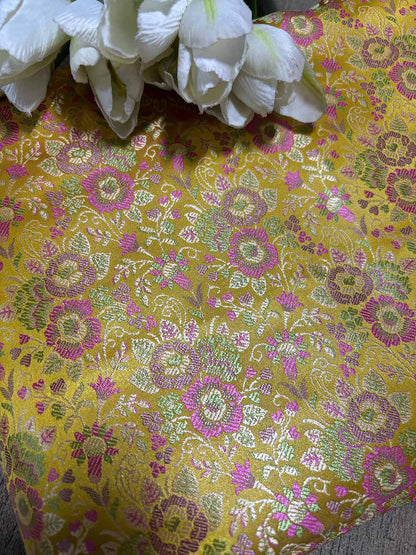 Yellow Banarasi Silk Tanchui Fabric ( 1 Mtr ) - Luxurion World