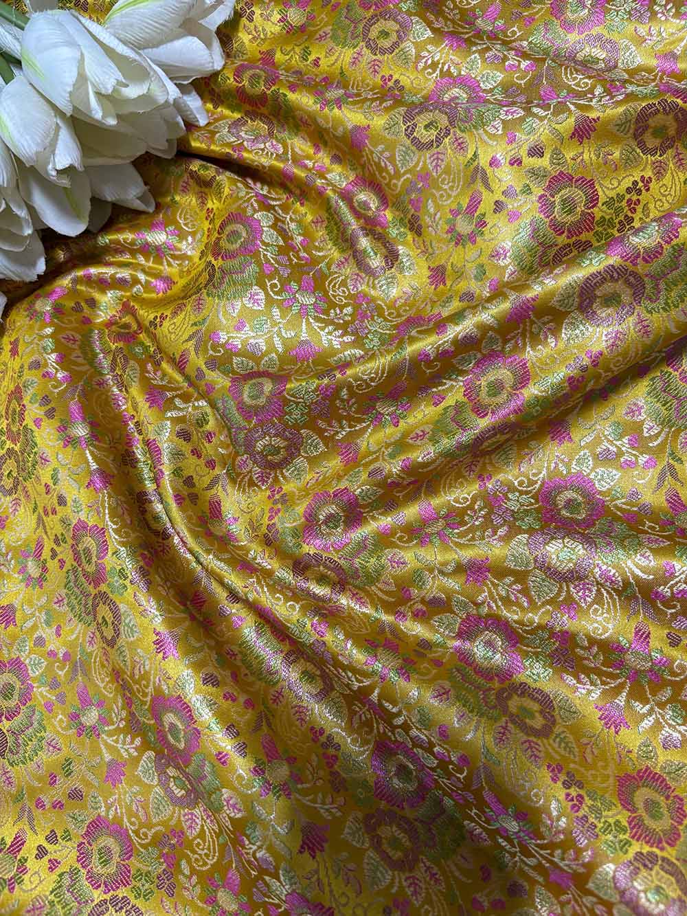 Yellow Banarasi Silk Tanchui Fabric ( 1 Mtr ) - Luxurion World