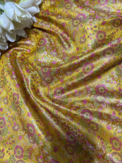 Yellow Banarasi Silk Tanchui Fabric ( 1 Mtr ) - Luxurion World
