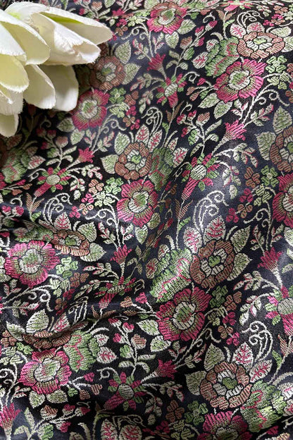 Elegant Black Banarasi Silk Tanchui Fabric ( 1 Mtr ) - Luxurion World