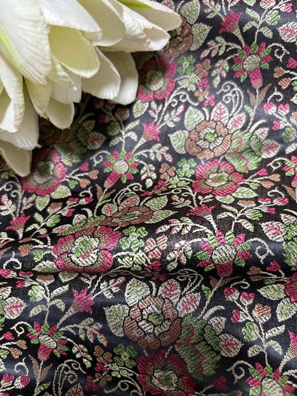 Elegant Black Banarasi Silk Tanchui Fabric ( 1 Mtr ) - Luxurion World