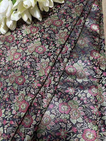 Elegant Black Banarasi Silk Tanchui Fabric ( 1 Mtr ) - Luxurion World