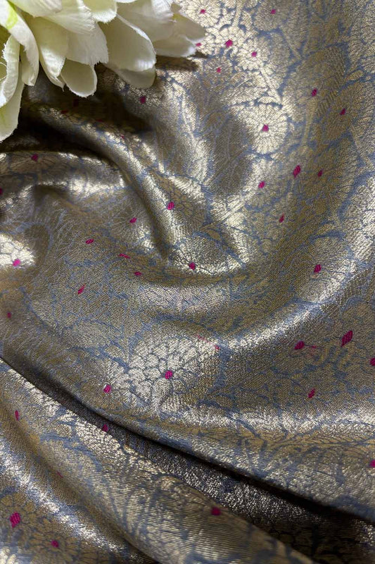 Elegant Grey Banarasi Silk Brocade Meenakari Fabric ( 1 Mtr ) - Luxurion World
