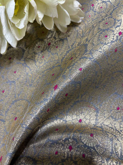 Elegant Grey Banarasi Silk Brocade Meenakari Fabric ( 1 Mtr ) - Luxurion World