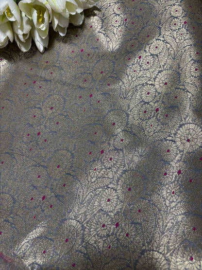 Elegant Grey Banarasi Silk Brocade Meenakari Fabric ( 1 Mtr ) - Luxurion World
