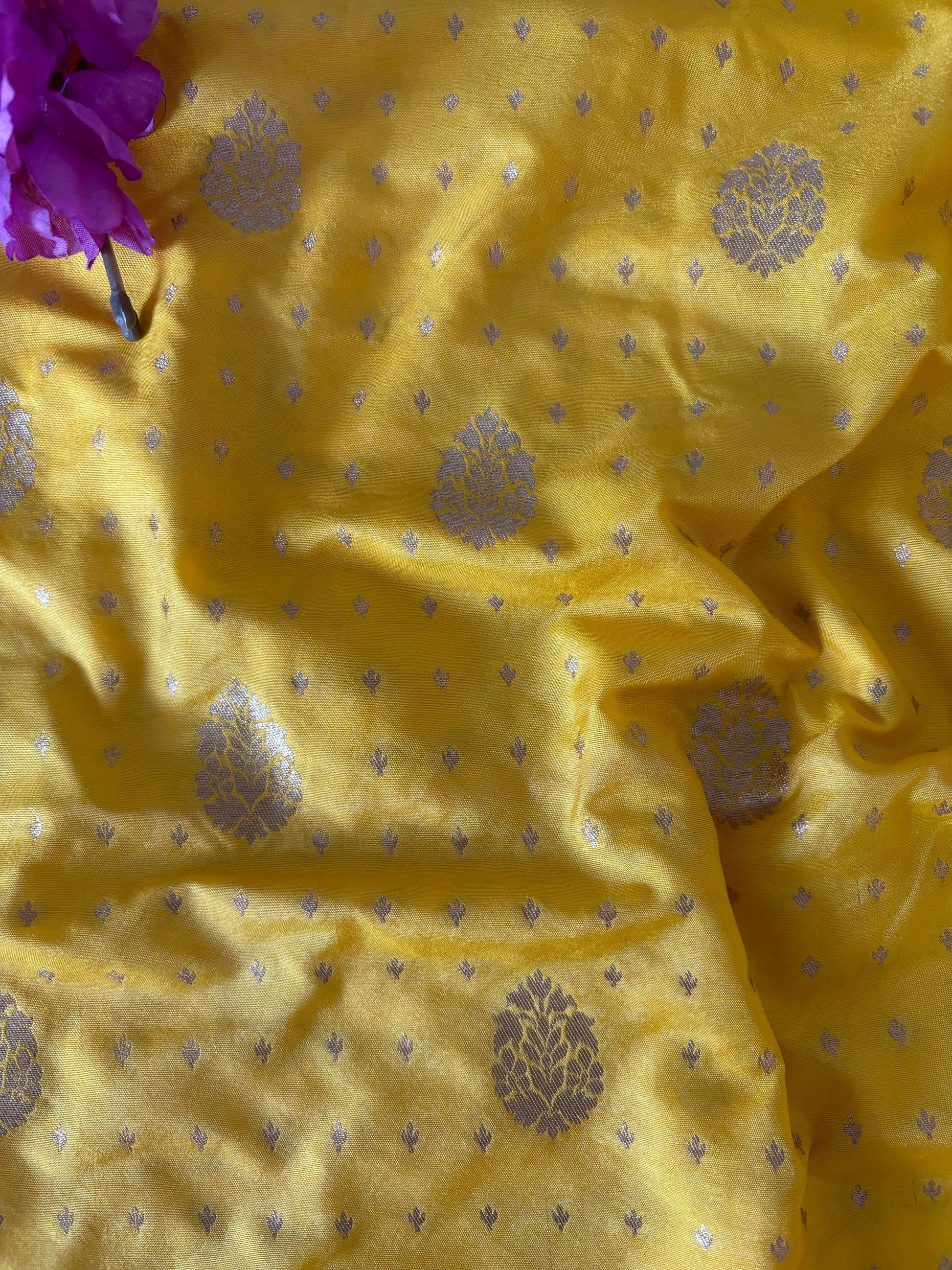 Yellow Banarasi Silk Fabric ( 1 Mtr ) - Luxurion World
