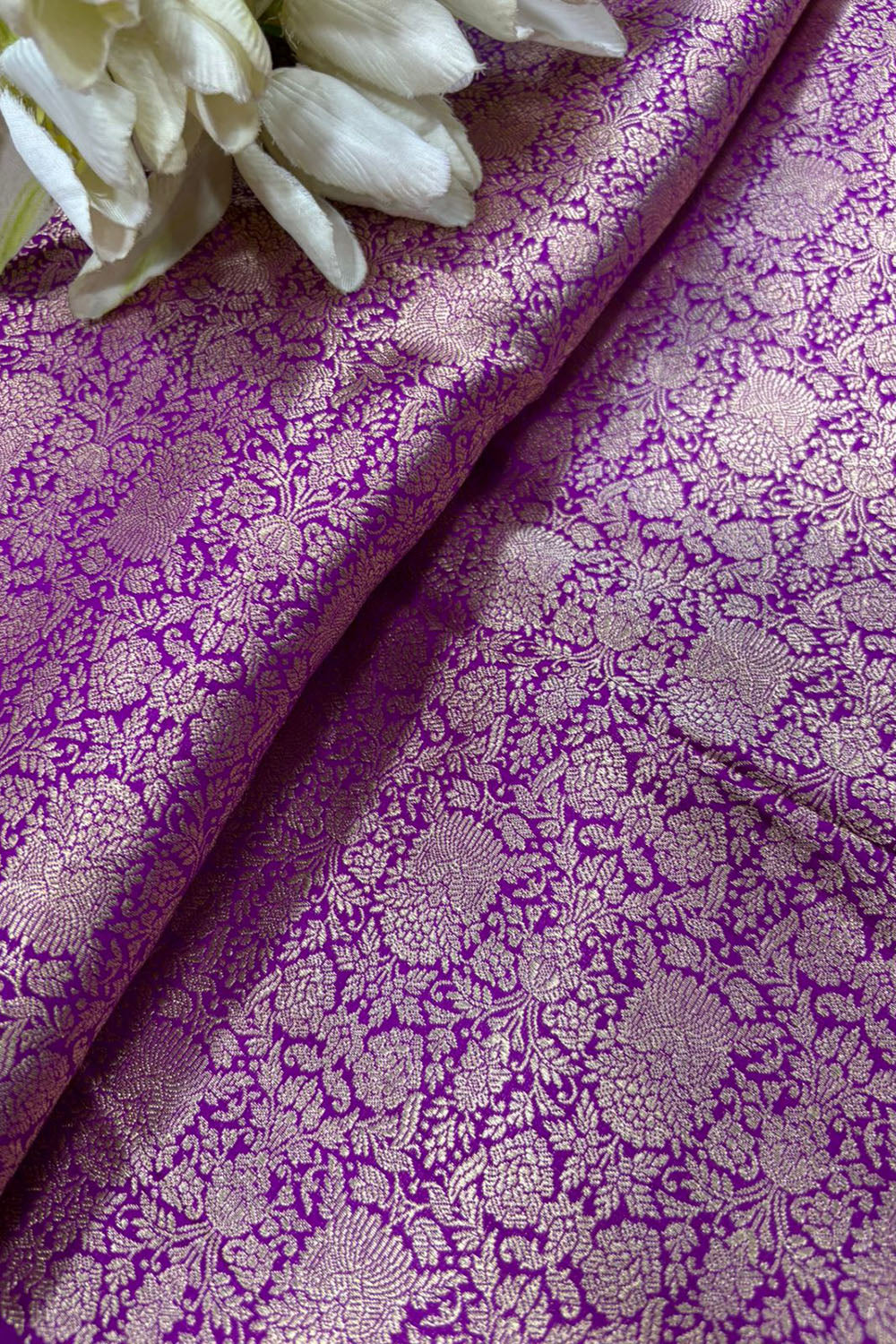 Purple Banarasi Katan Silk Brocade Double Zari Fabric — Handloom Weave, Festive & Bridal ( 1 Mtr )
