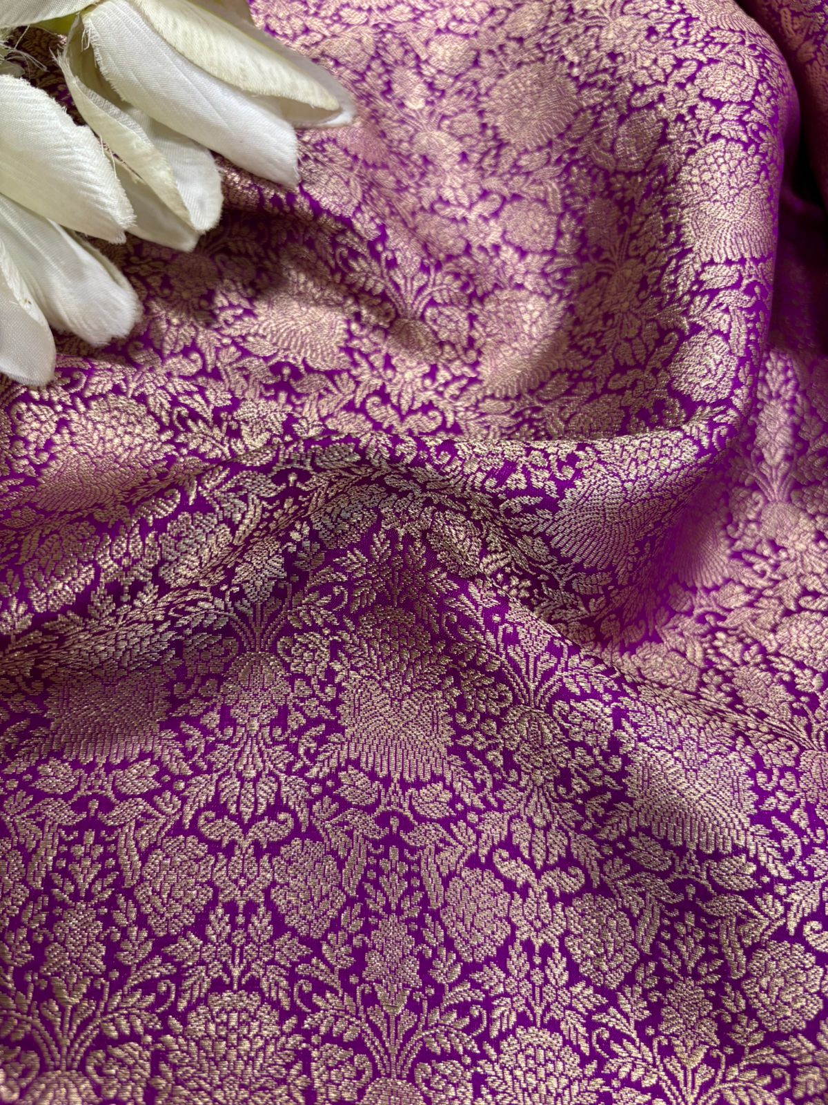 Purple Banarasi Katan Silk Brocade Double Zari Fabric — Handloom Weave, Festive & Bridal ( 1 Mtr )