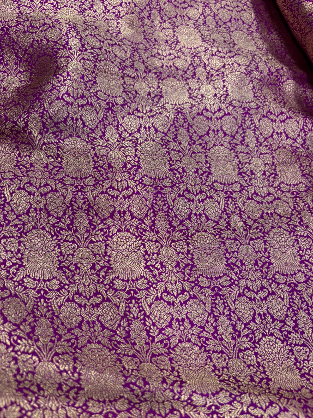 Purple Banarasi Katan Silk Brocade Double Zari Fabric — Handloom Weave, Festive & Bridal ( 1 Mtr )
