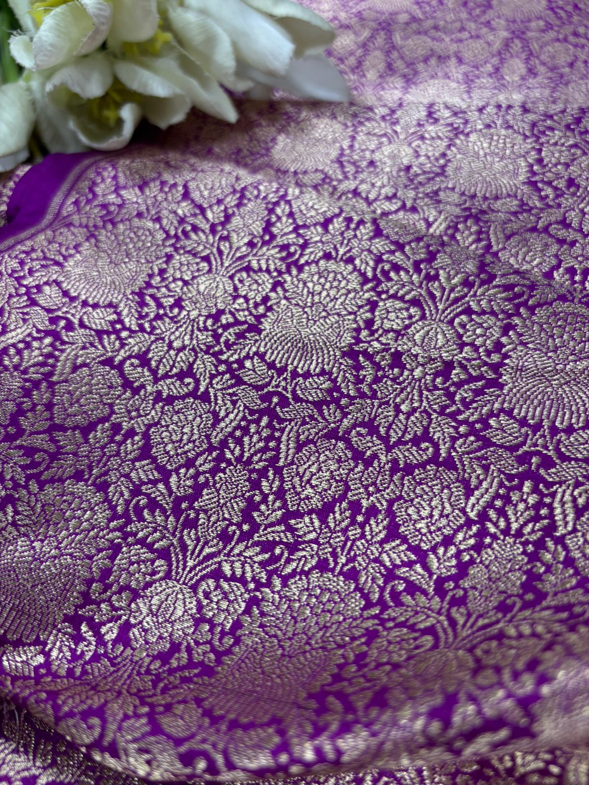 Purple Banarasi Katan Silk Brocade Double Zari Fabric — Handloom Weave, Festive & Bridal ( 1 Mtr )