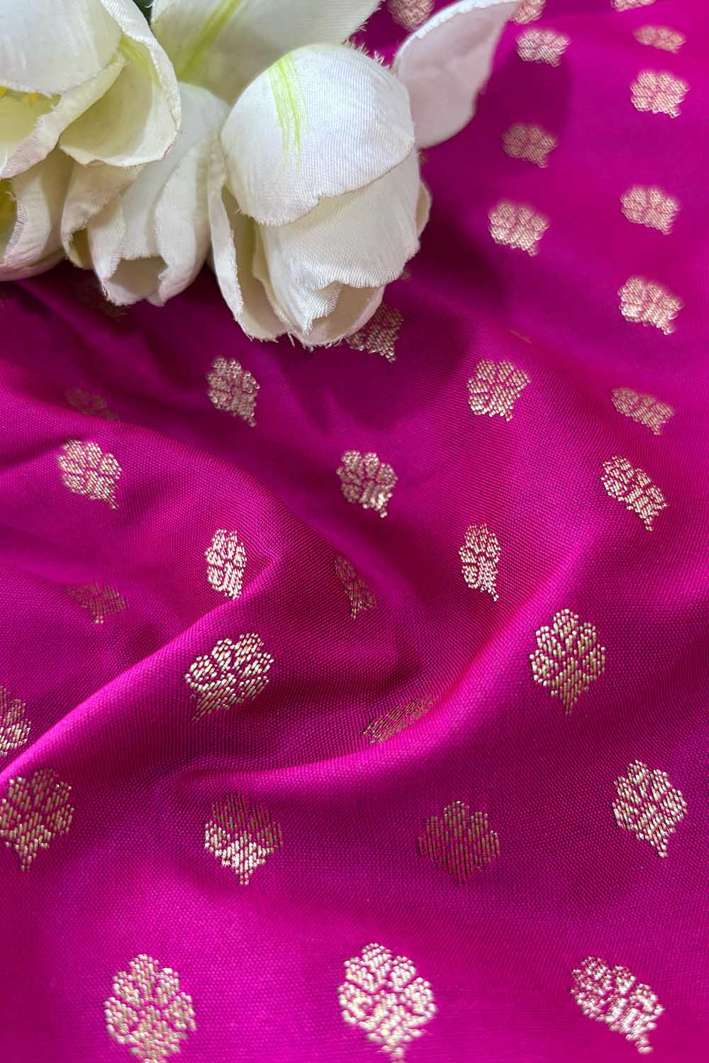 Pretty Pink Banarasi Silk Small Booti Design Fabric ( 1 Mtr ) - Luxurion World