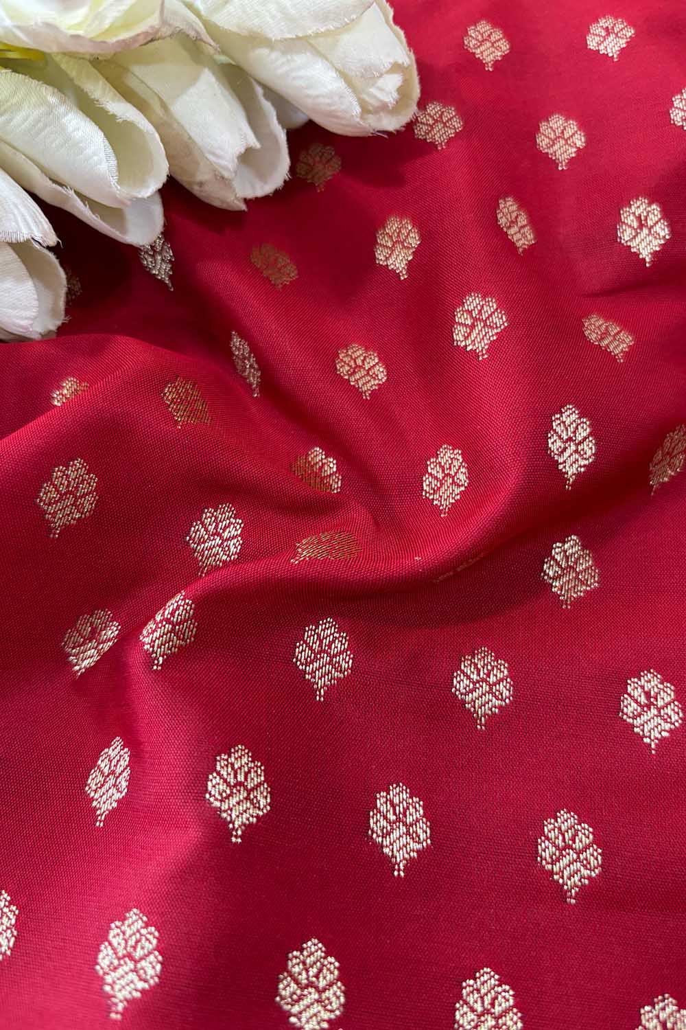 Red Banarasi Silk Small Booti Design Fabric ( 1 Mtr ) - Luxurion World