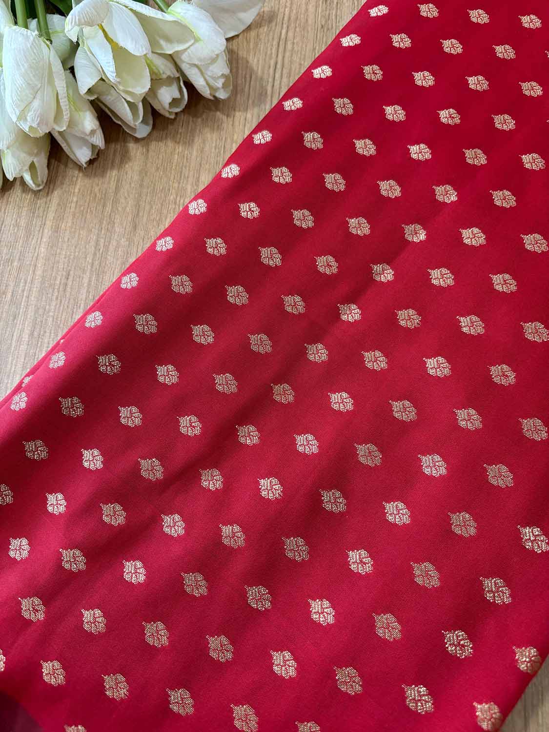 Red Banarasi Silk Small Booti Design Fabric ( 1 Mtr ) - Luxurion World