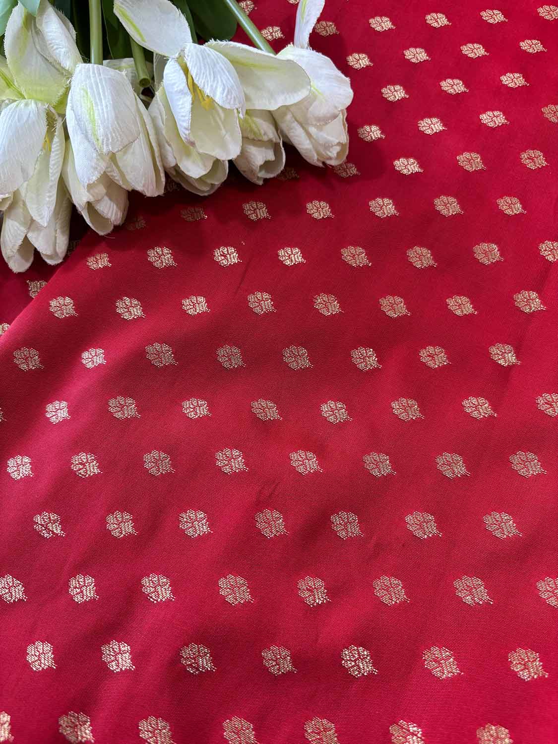 Red Banarasi Silk Small Booti Design Fabric ( 1 Mtr ) - Luxurion World