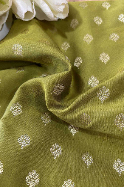 Green Banarasi Silk Small Booti Design Fabric ( 1 Mtr ) - Luxurion World