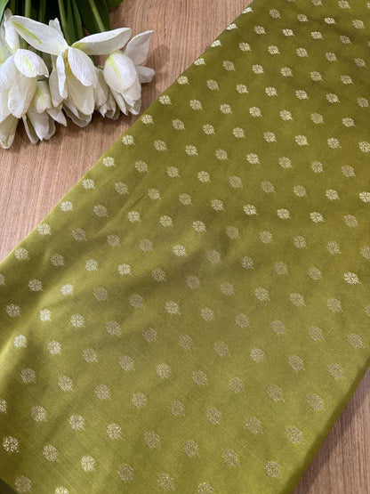Green Banarasi Silk Small Booti Design Fabric ( 1 Mtr ) - Luxurion World