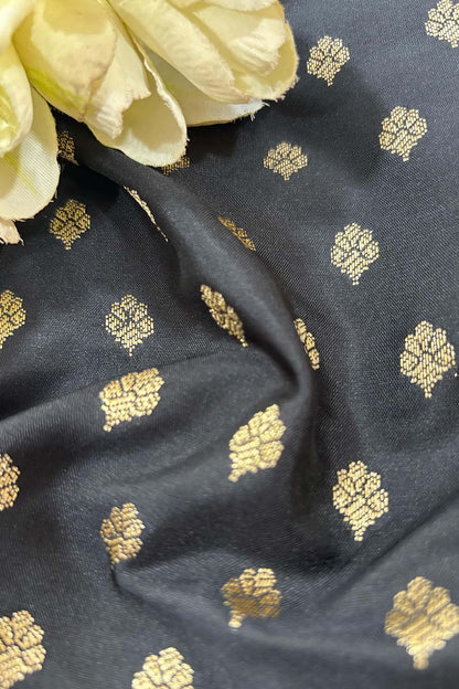 Black Banarasi Silk Small Booti Design Fabric ( 1 Mtr ) - Luxurion World