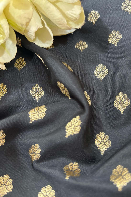 Black Banarasi Silk Small Booti Design Fabric ( 1 Mtr ) - Luxurion World