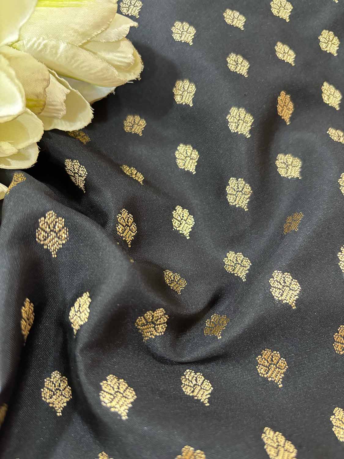 Black Banarasi Silk Small Booti Design Fabric ( 1 Mtr ) - Luxurion World