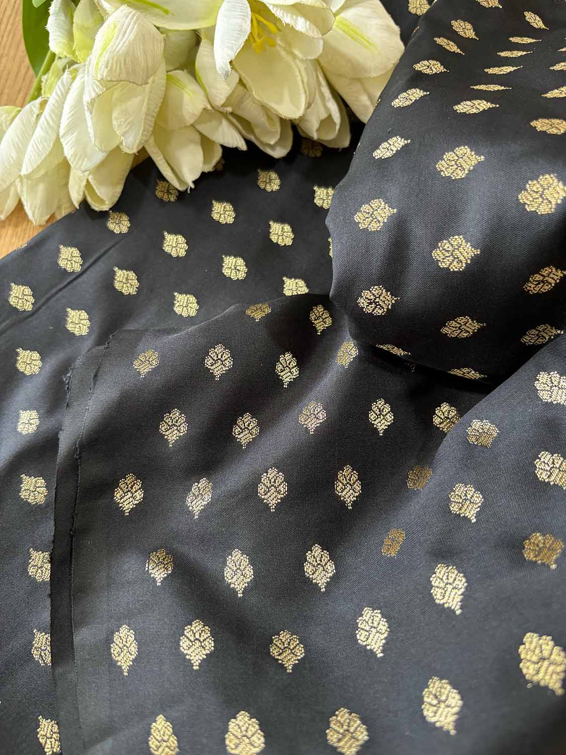 Black Banarasi Silk Small Booti Design Fabric ( 1 Mtr ) - Luxurion World