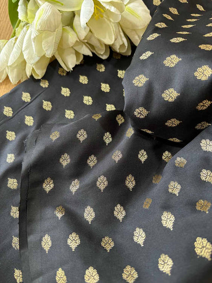 Black Banarasi Silk Small Booti Design Fabric ( 1 Mtr ) - Luxurion World