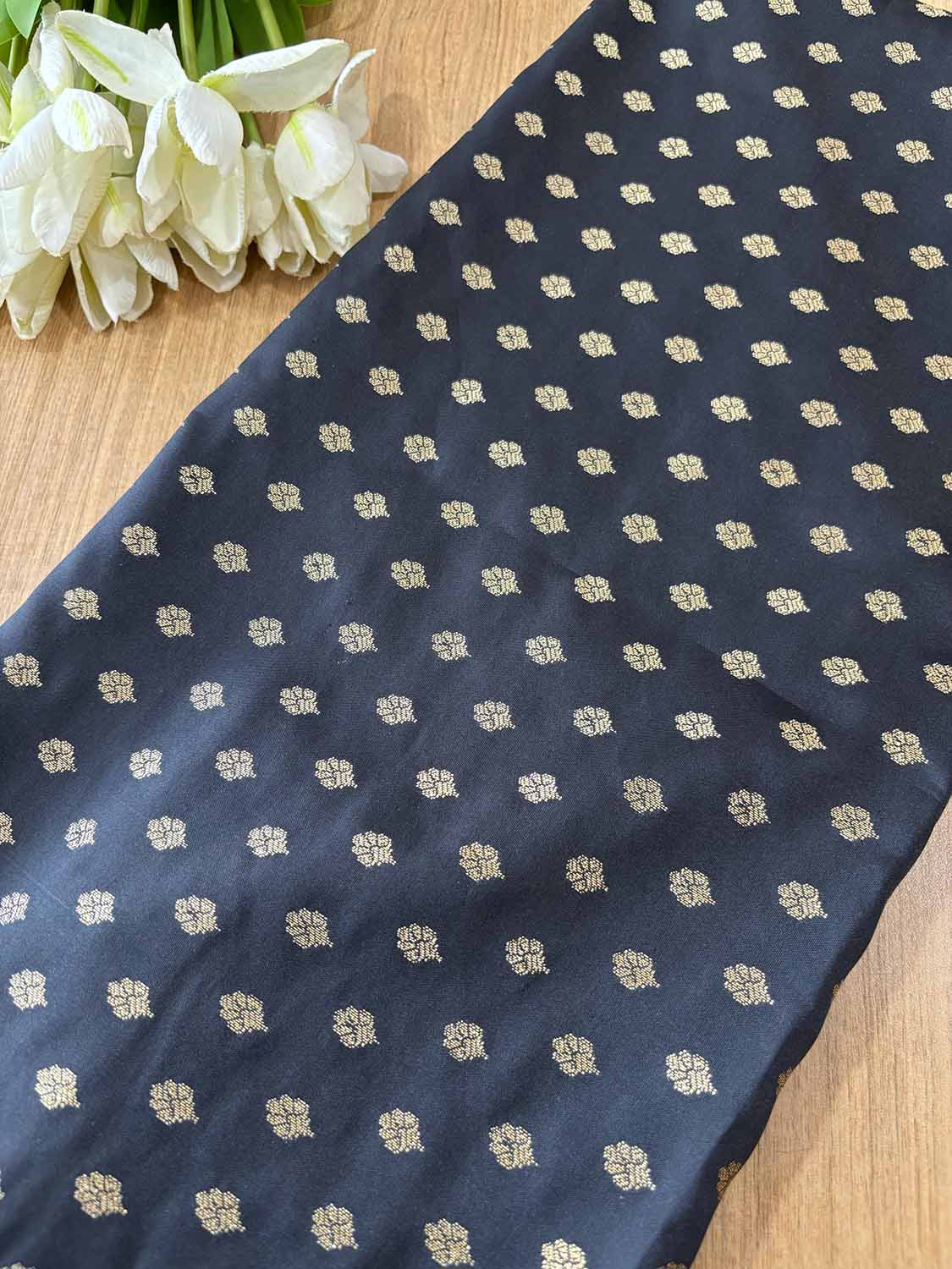 Black Banarasi Silk Small Booti Design Fabric ( 1 Mtr ) - Luxurion World