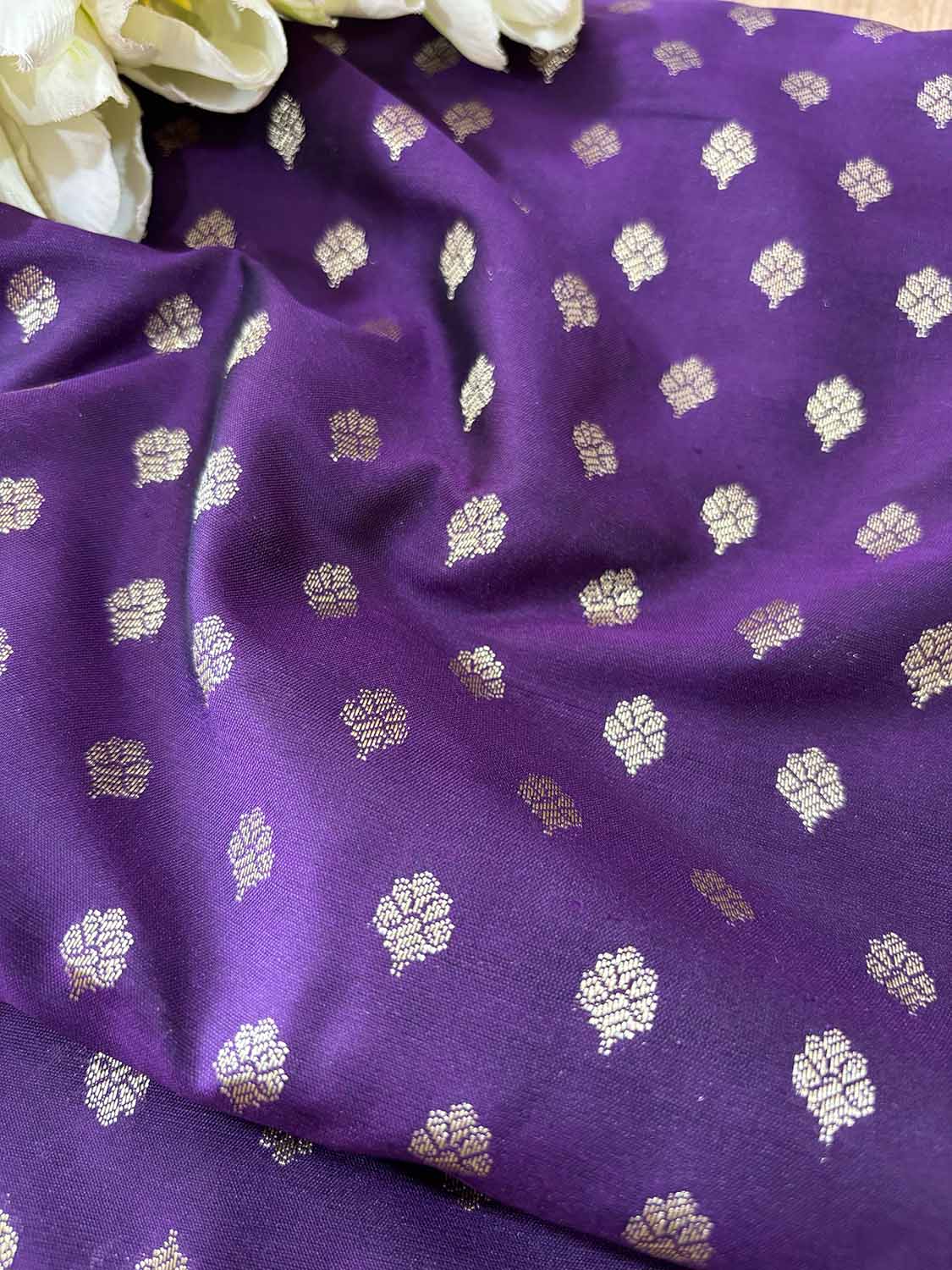 Stunning Purple Banarasi Silk Small Booti Design Fabric ( 1 Mtr ) - Luxurion World