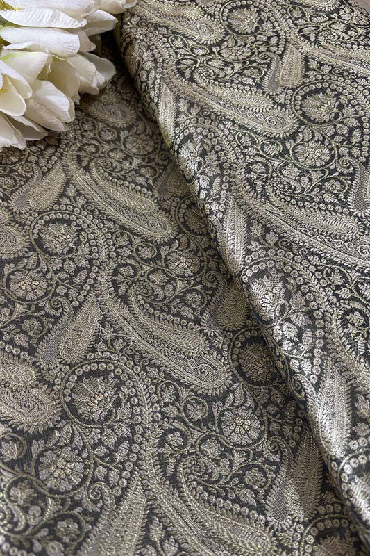 Elegant Black Banarasi Silk Soft Brocade Flower Design Fabric ( 1 Mtr ) - Luxurion World