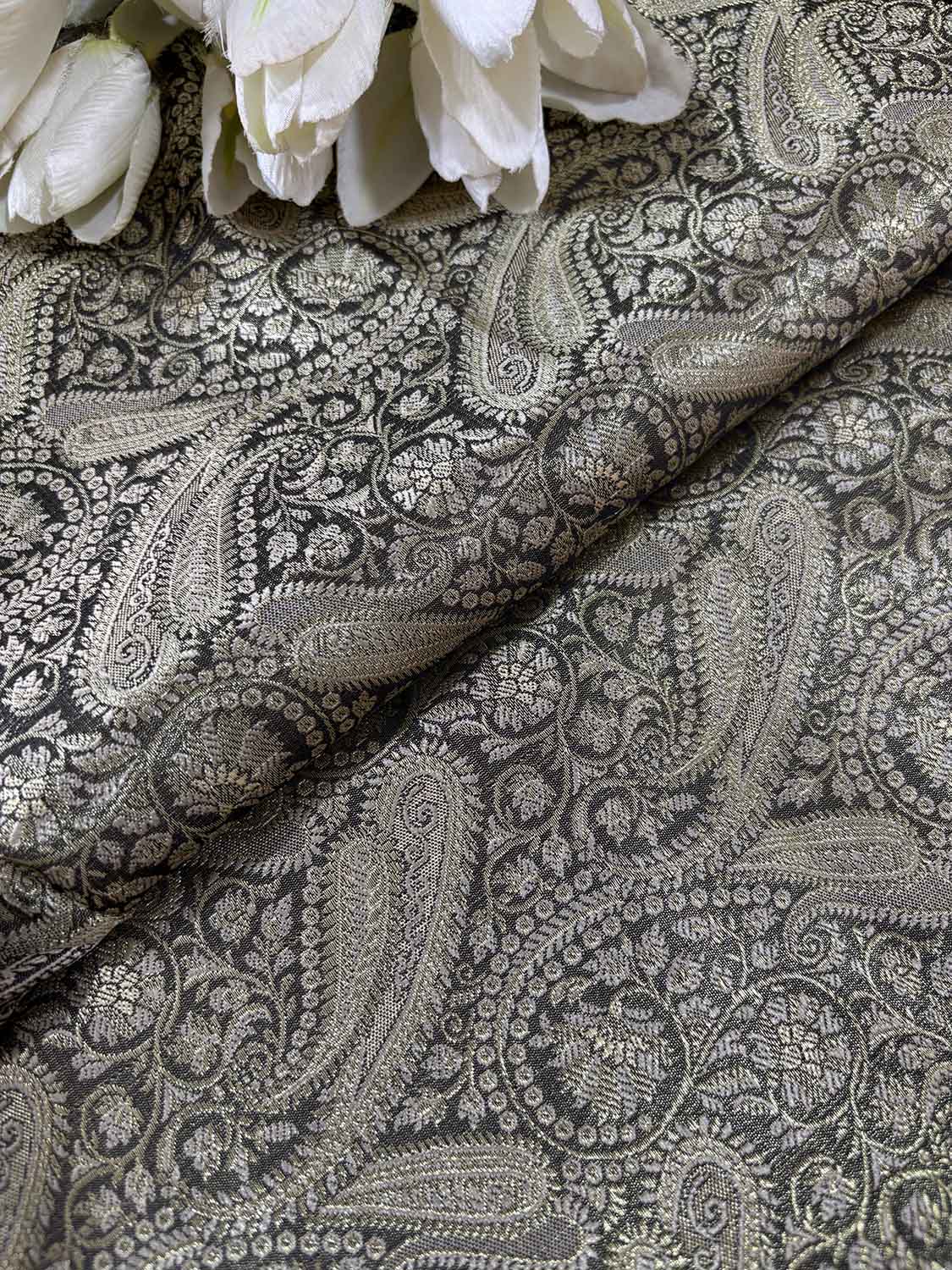 Elegant Black Banarasi Silk Soft Brocade Flower Design Fabric ( 1 Mtr ) - Luxurion World