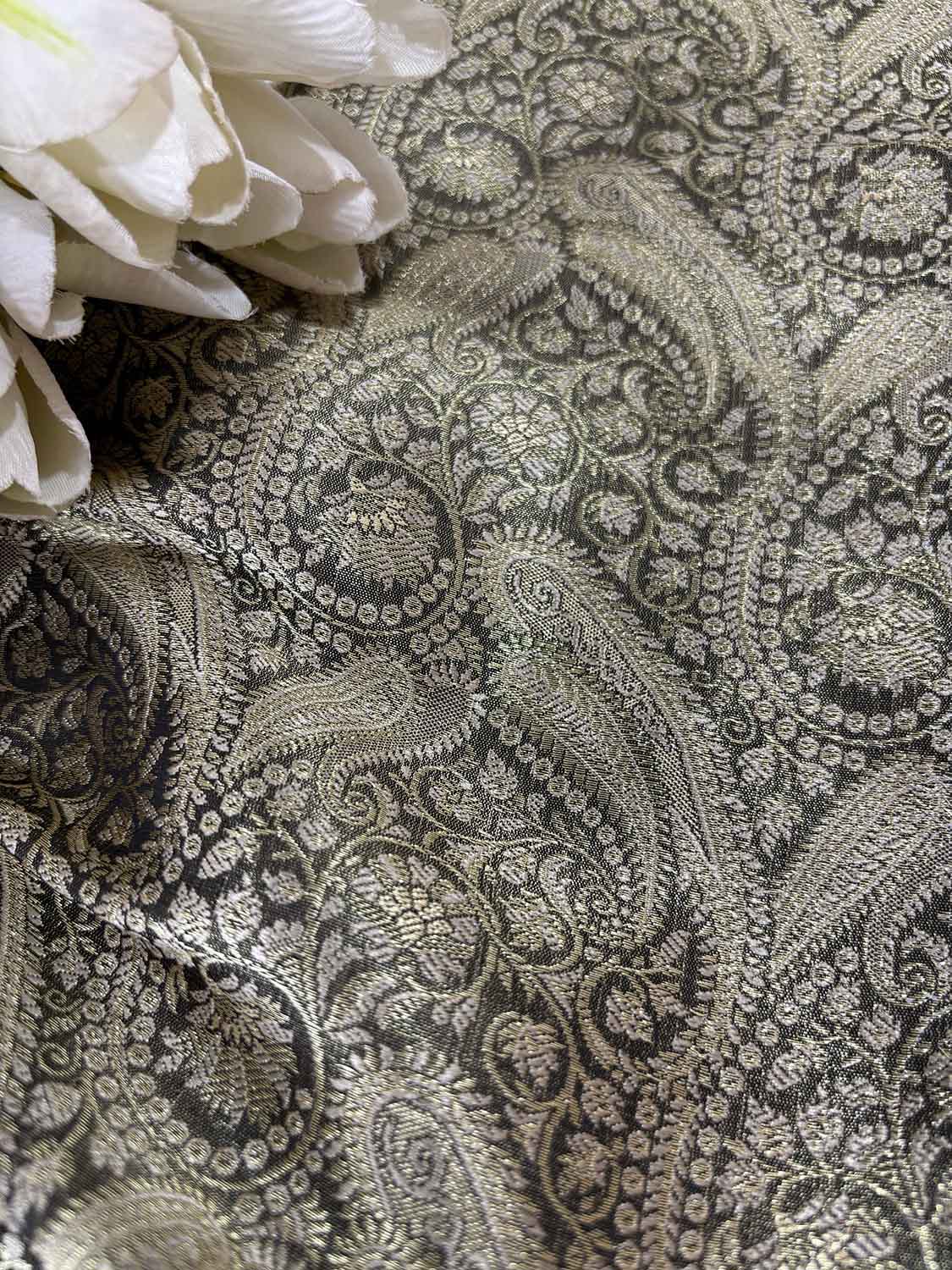 Elegant Black Banarasi Silk Soft Brocade Flower Design Fabric ( 1 Mtr ) - Luxurion World