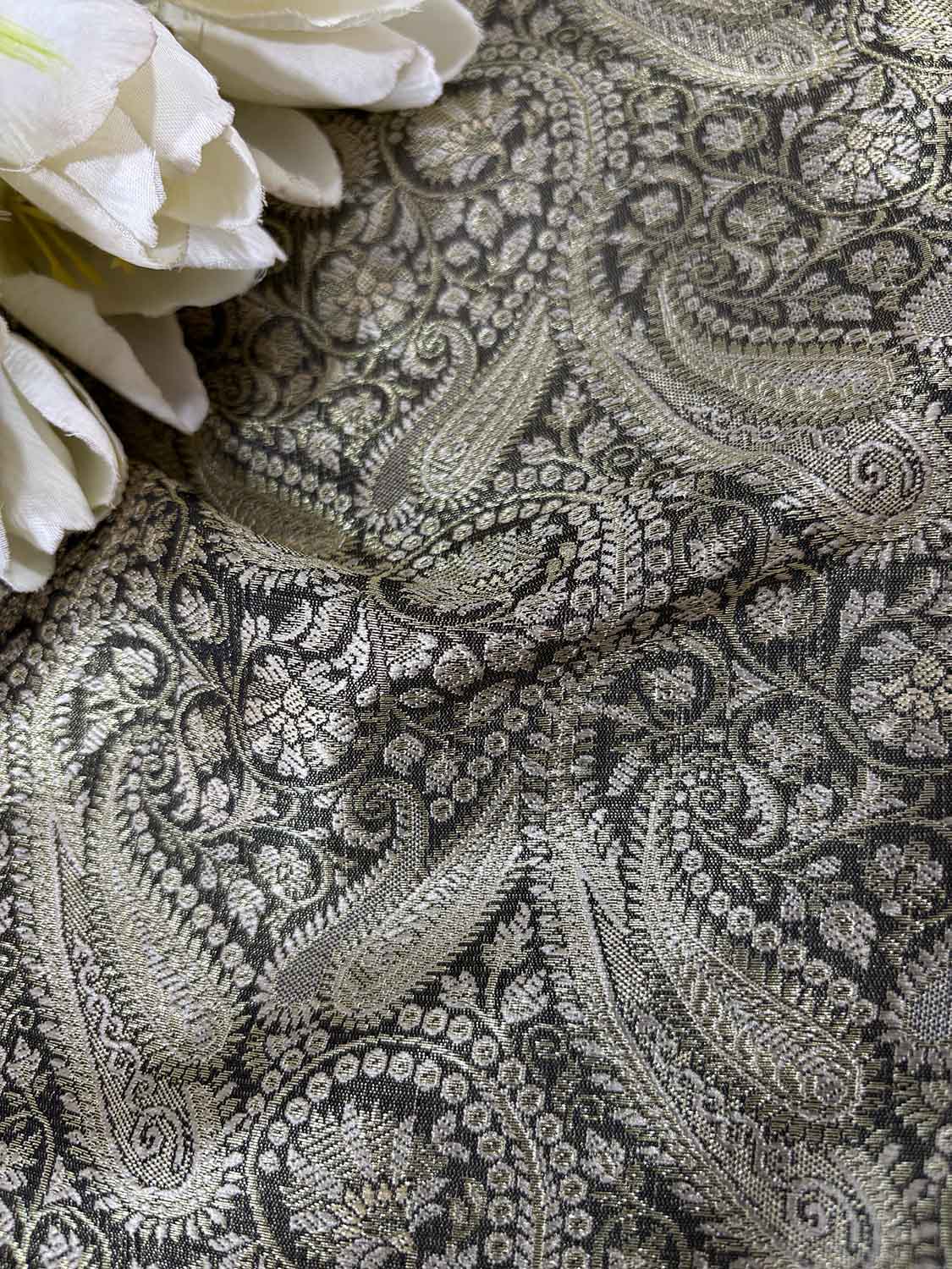Elegant Black Banarasi Silk Soft Brocade Flower Design Fabric ( 1 Mtr ) - Luxurion World