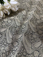 Elegant Black Banarasi Silk Soft Brocade Flower Design Fabric ( 1 Mtr ) - Luxurion World