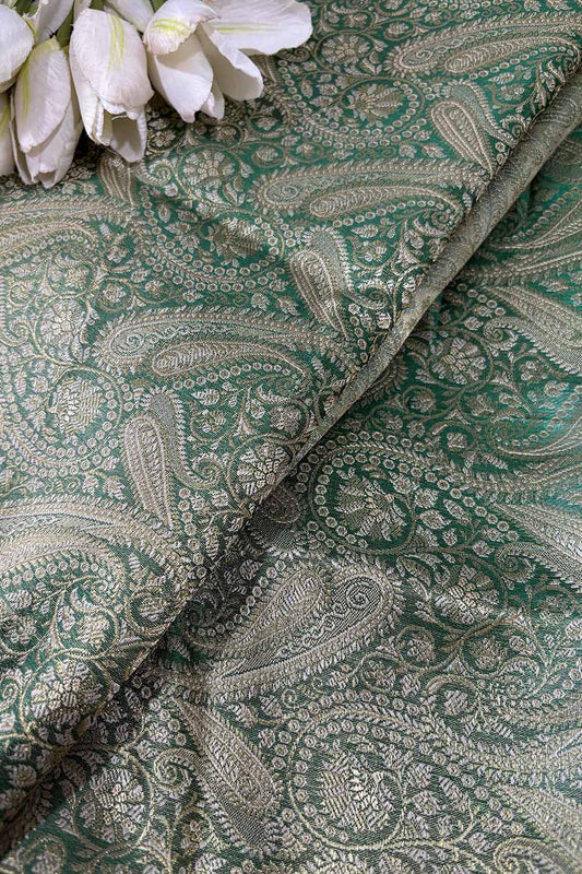 Green Banarasi Silk Soft Brocade Flower Design Fabric ( 1 Mtr ) - Luxurion World