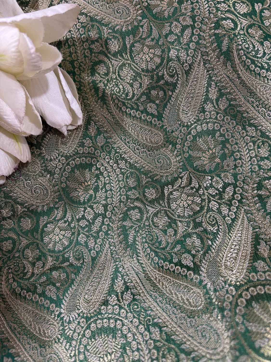 Green Banarasi Silk Soft Brocade Flower Design Fabric ( 2.5 Mtr ) - Luxurion World