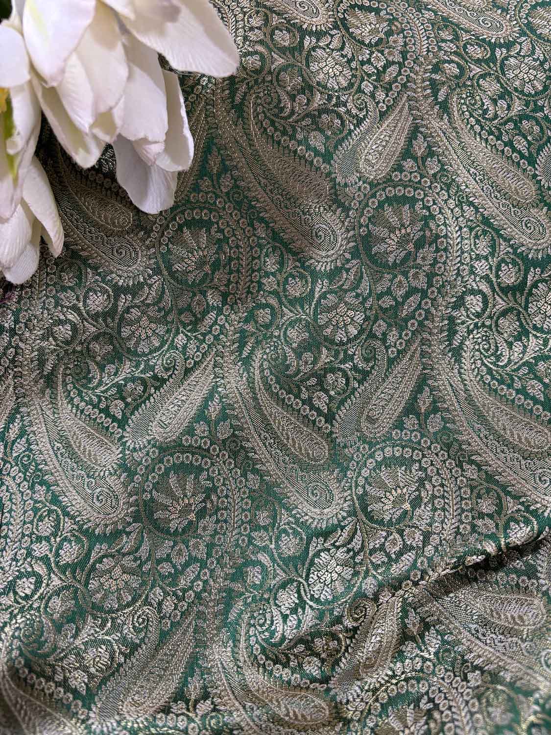 Green Banarasi Silk Soft Brocade Flower Design Fabric ( 2.5 Mtr ) - Luxurion World