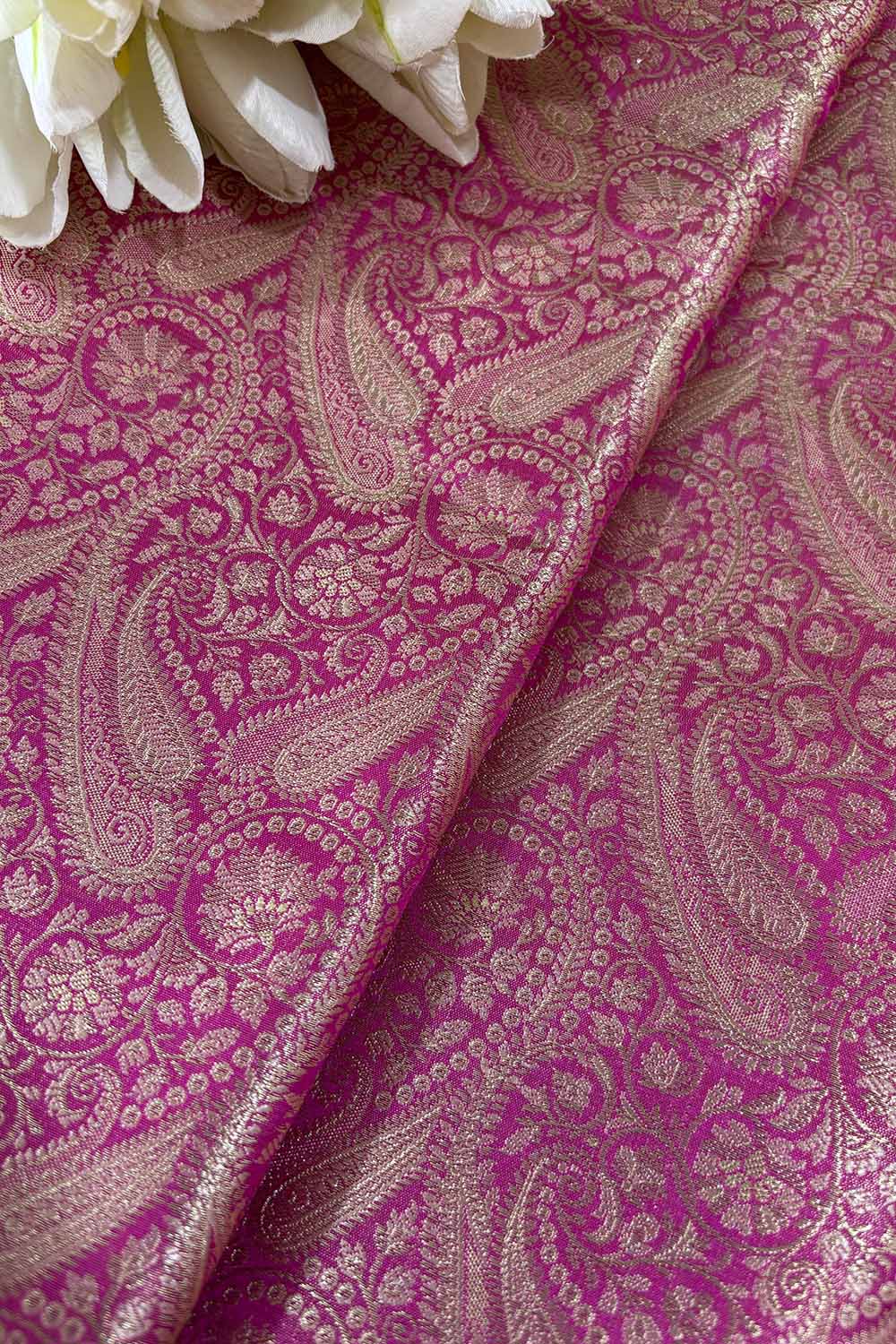 Pink Banarasi Silk Soft Brocade Flower Design Fabric ( 1 Mtr ) - Luxurion World