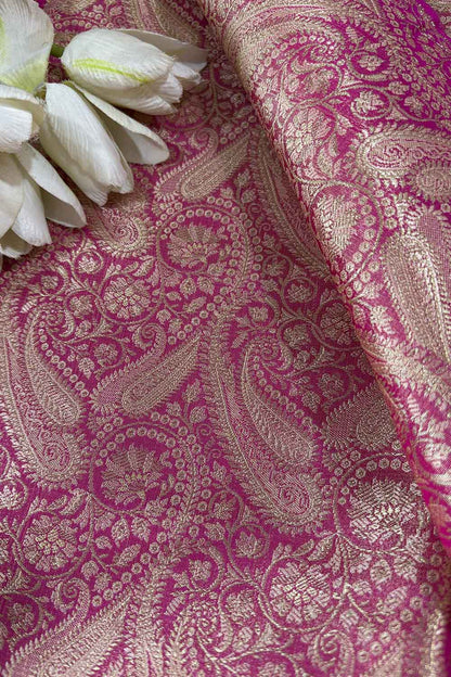 Pink Banarasi Silk Soft Brocade Flower Design Fabric ( 1 Mtr ) - Luxurion World